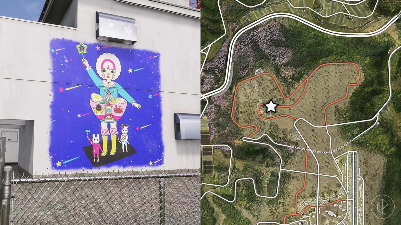 A mural featuring a girl and two small animals in front of shooting stars in Forza Horizon 6.