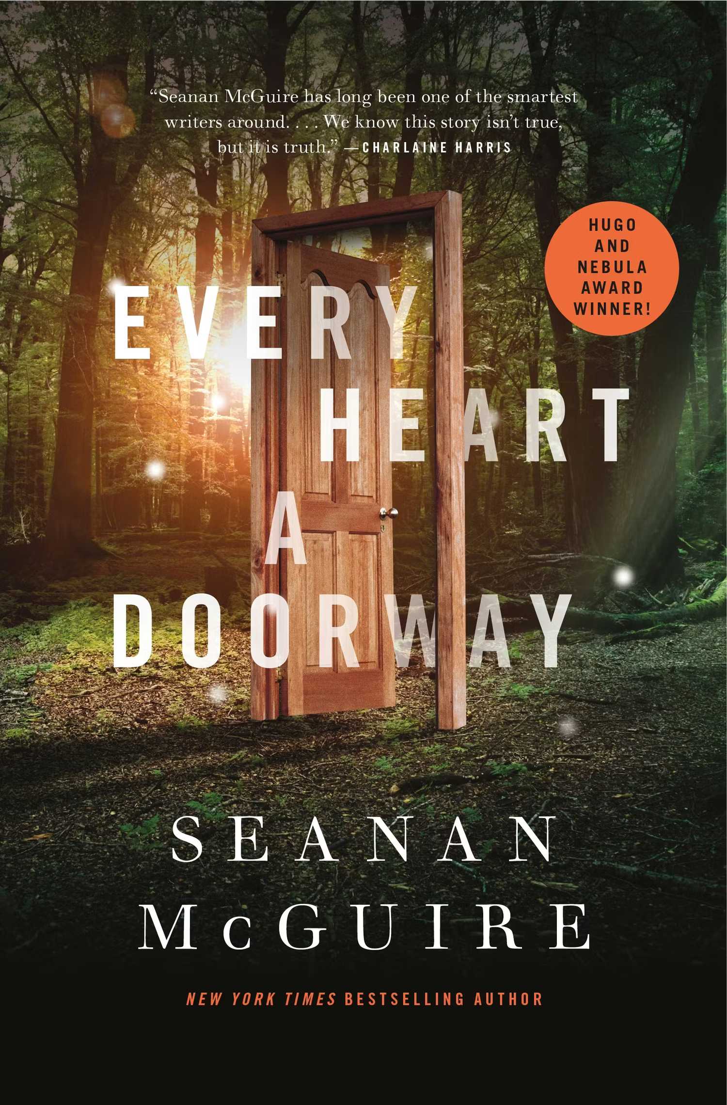 A book cover displaying an open door in the middle of the woods. Light comes from within it. 