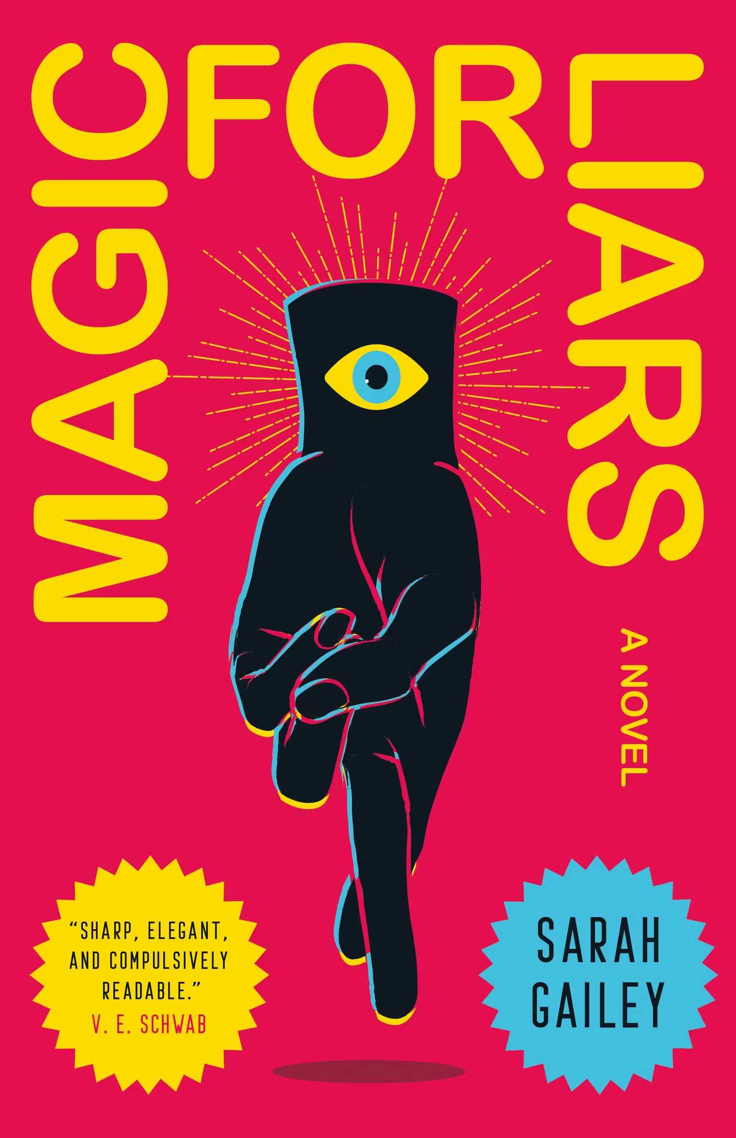 A red book cover with an upside down hand. There is an eye on the wrist and the fingers are crossed. 