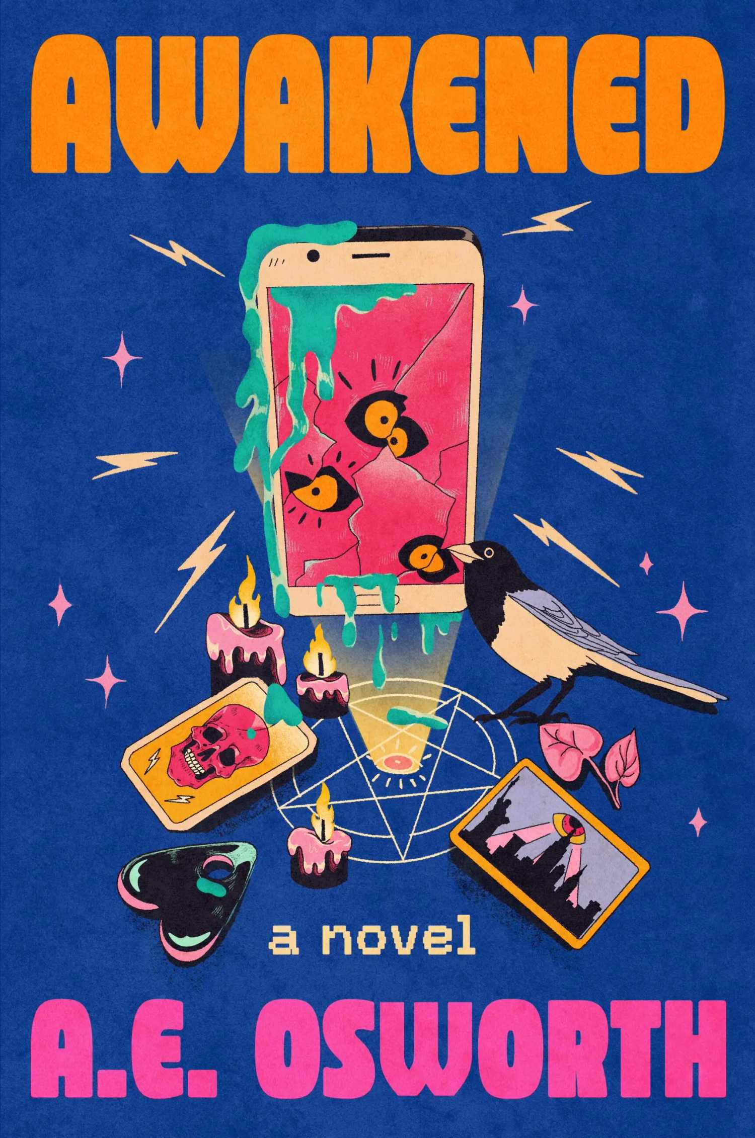 A cracked phone displaying multiple eyes hovers over a pentagram 