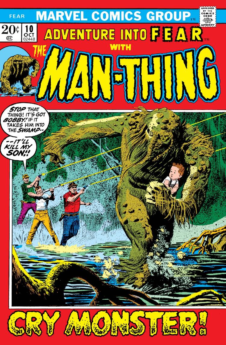 cover of adventure into fear 10, featuring Man-Thing, a swamp humanoid, running from gunshots while carrying a baby under its arm