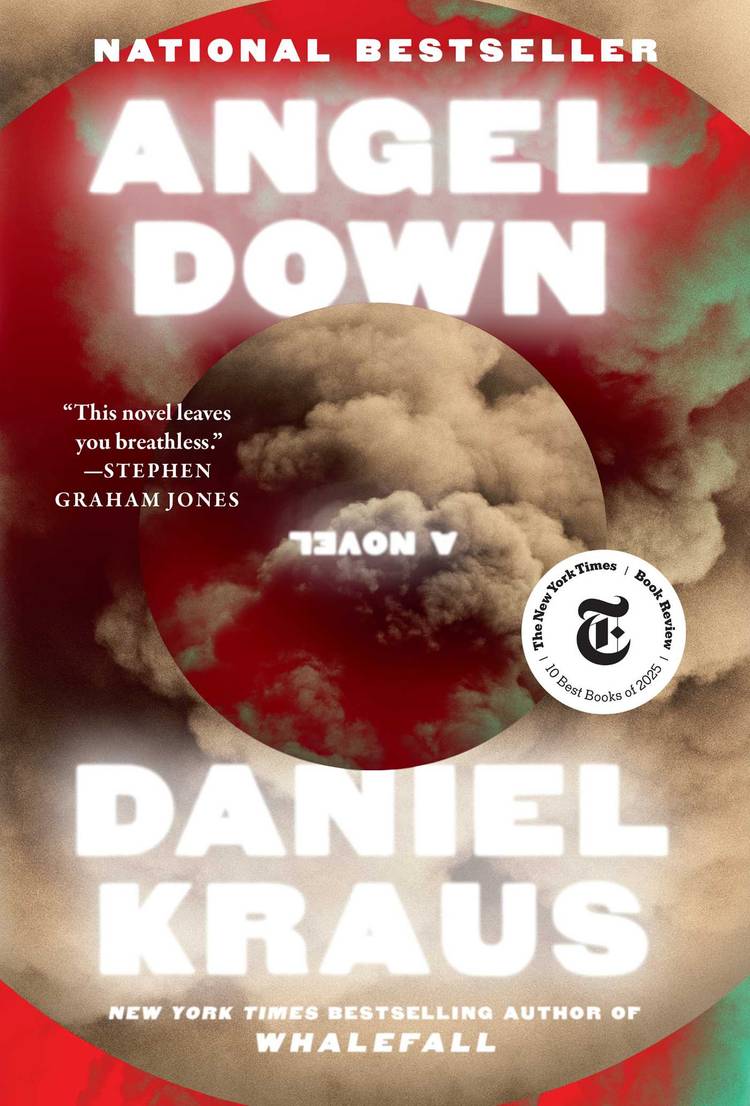 The cover of Daniel Kraus' Angel Down, depicting red and green smoke clouds 