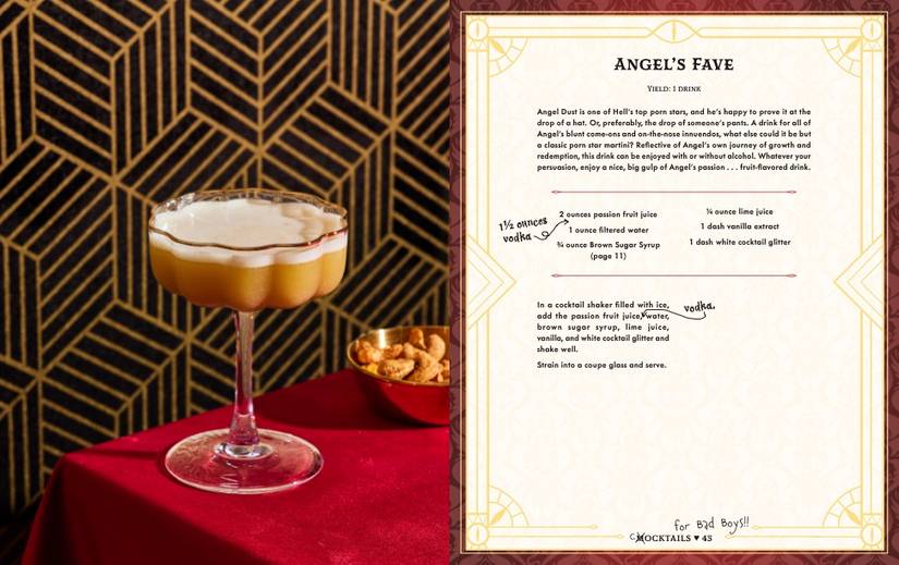 A orange cocktail with a white foamy top presented on a table next to a bowl of nuts in art from the Hazbin Hotel Bar Book.