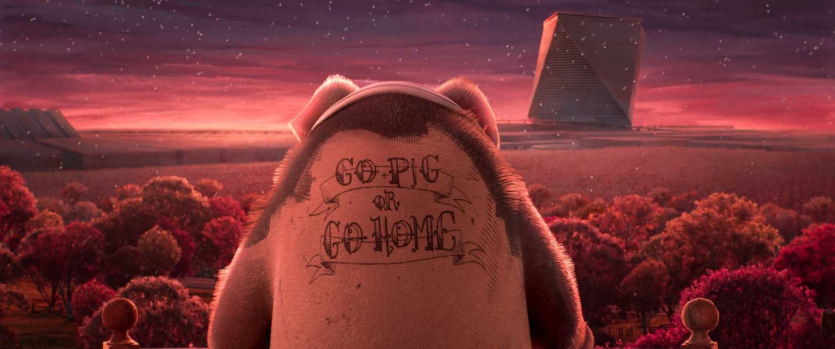 A still from the 2026 animated adaptation Animal Farm, showing a pig standing upright on two legs, back to the camera, sporting a large back tattoo that says "Go Pig Or Go Home"