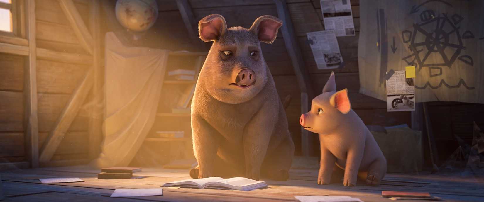 Two pigs sit together in a farmhouse looking worried and staring at a book in the animated 2026 Animal Farm