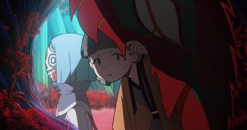 A young girl in a kimono pulls back a giant curtain-like leaf to peer into a dark grotto as a short robed person wearing a clownlike mask walks beside her in the trailer for the animated Chinese fantasy Another World