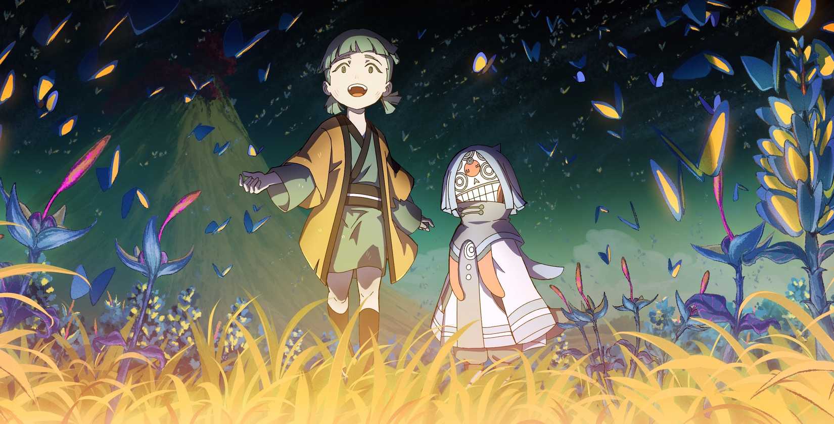 A young girl in a short Japanese robe and a figure in a clownlike mask with pupilless white eyes and a gigantic grin stand in a field of golden, glowing grass at night, surrounded by butterflies, in the trailer for Another World