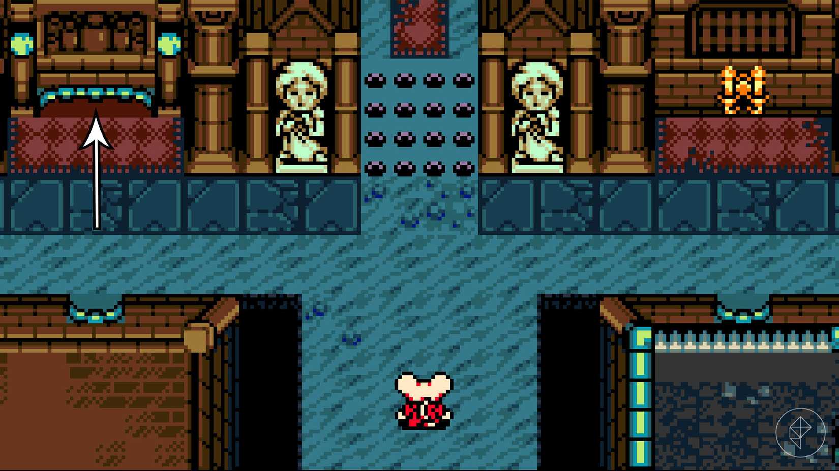 Mina the Hollower standing in a hallway with two statues and an arrow pointing toward a hole in the wall.