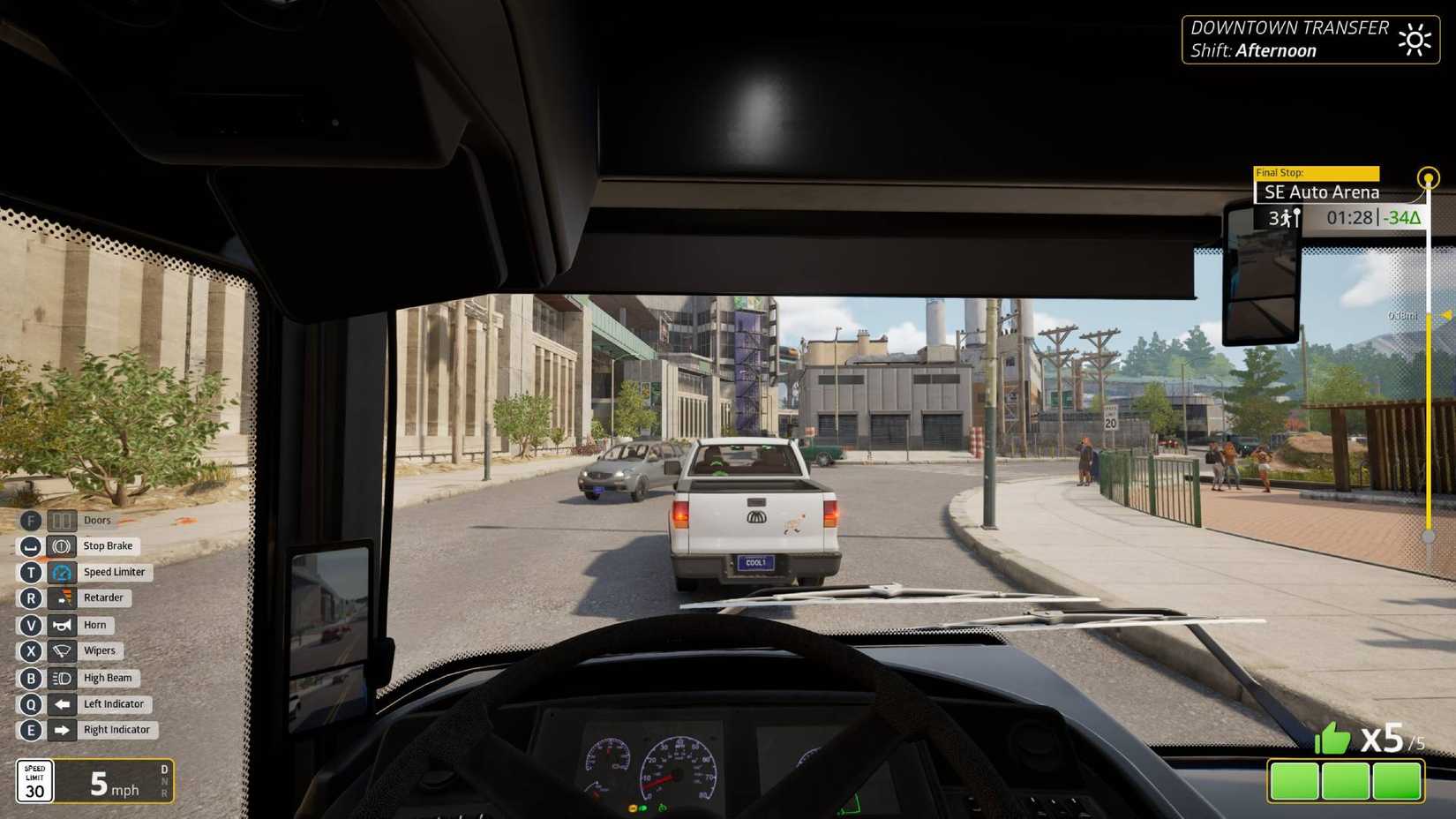 The player behind the wheel of a bus in Bus Bound during the day.