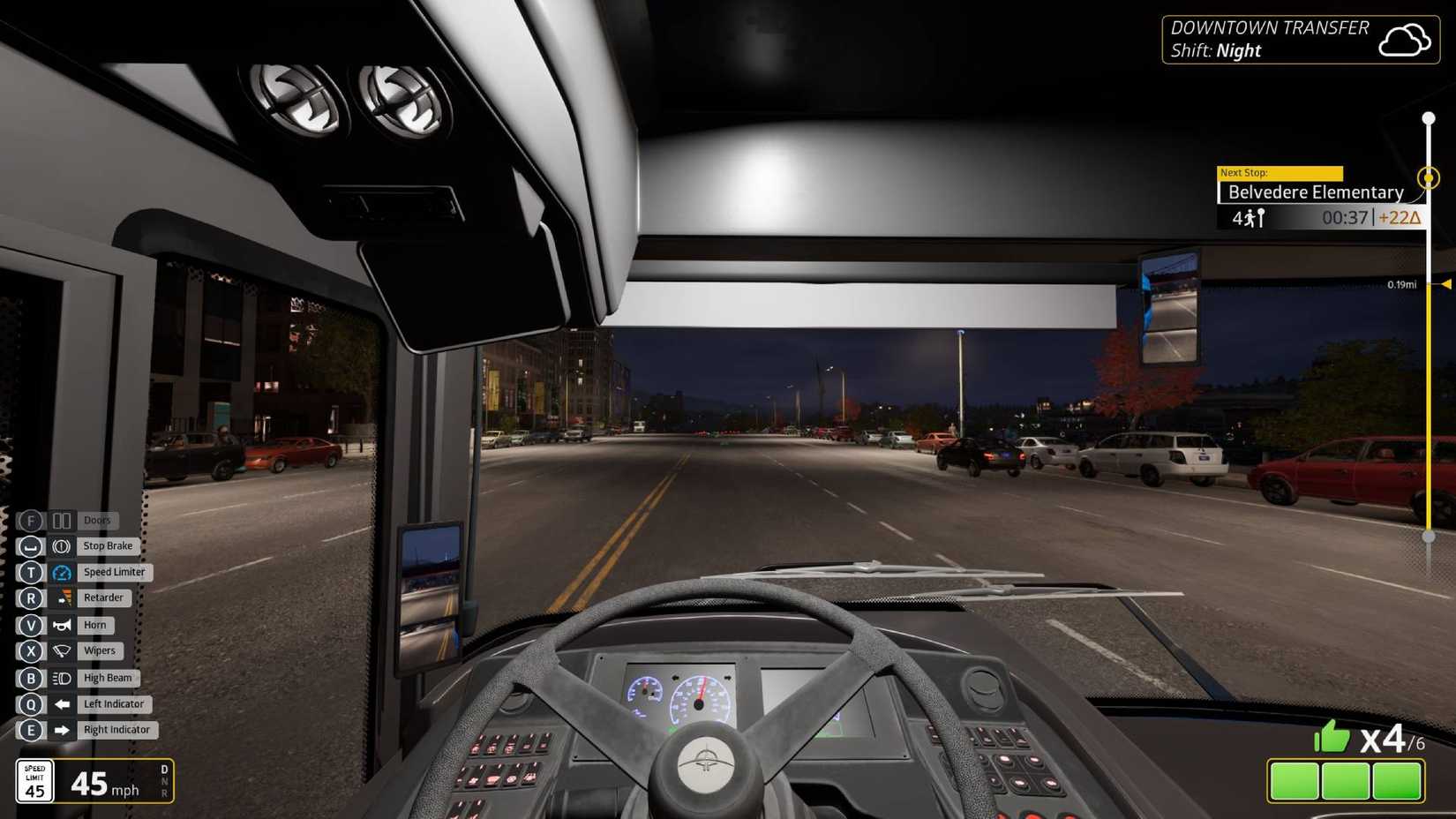 The player behind the wheel of a bus in Bus Bound at night.
