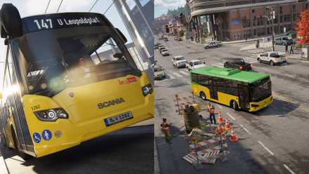 The left-hand side of the image shows a close up of a bus from The Bus while the right-hand side shows a street in Bus Bound with a bus driving around roadworks.