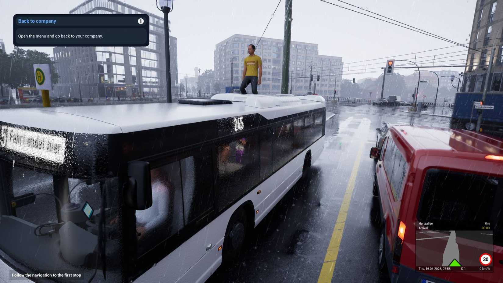 A passenger standing on the roof of a bus in The Bus.