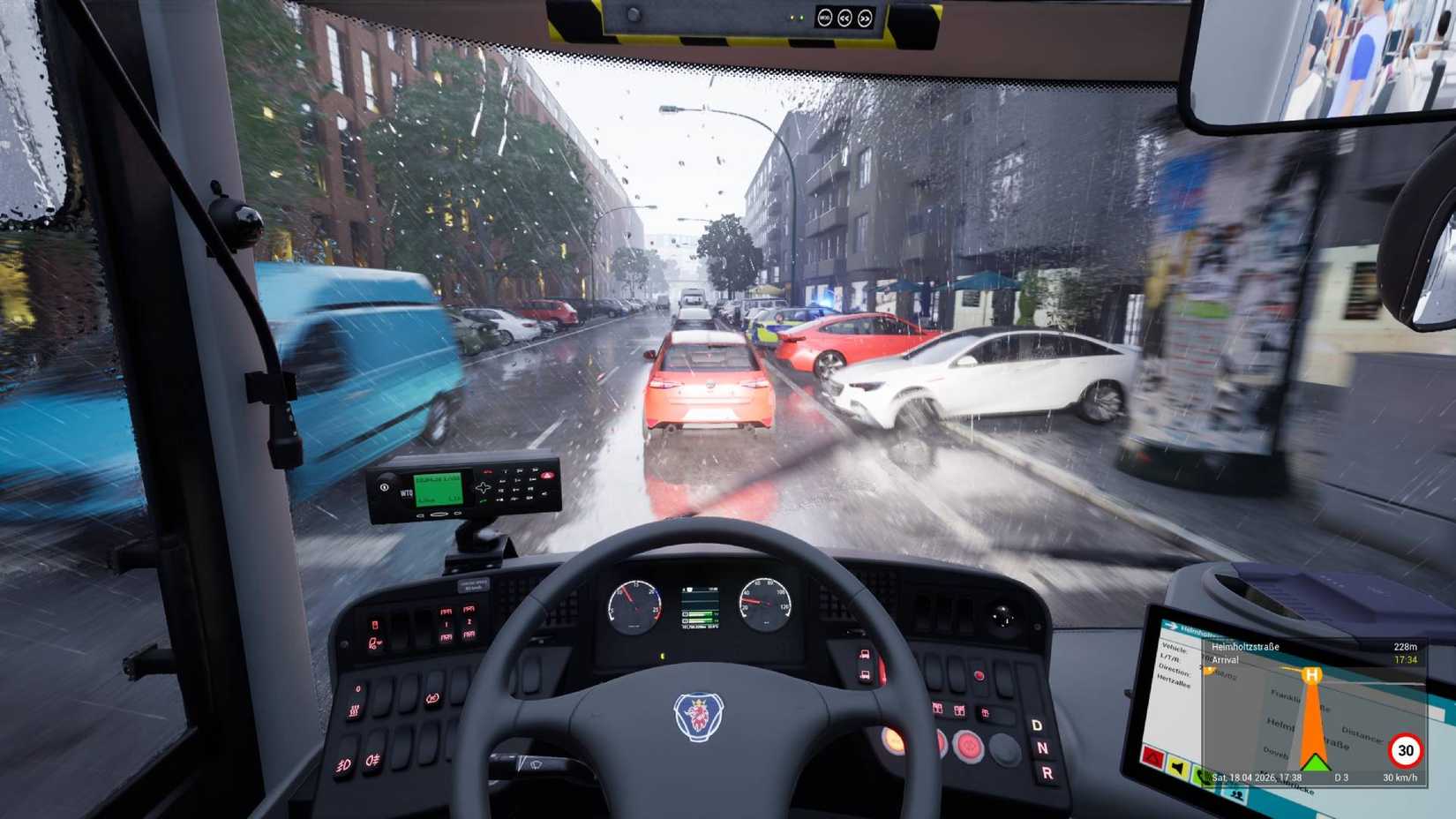 The player behind the wheel of a bus in The Bus at night and in the rain.