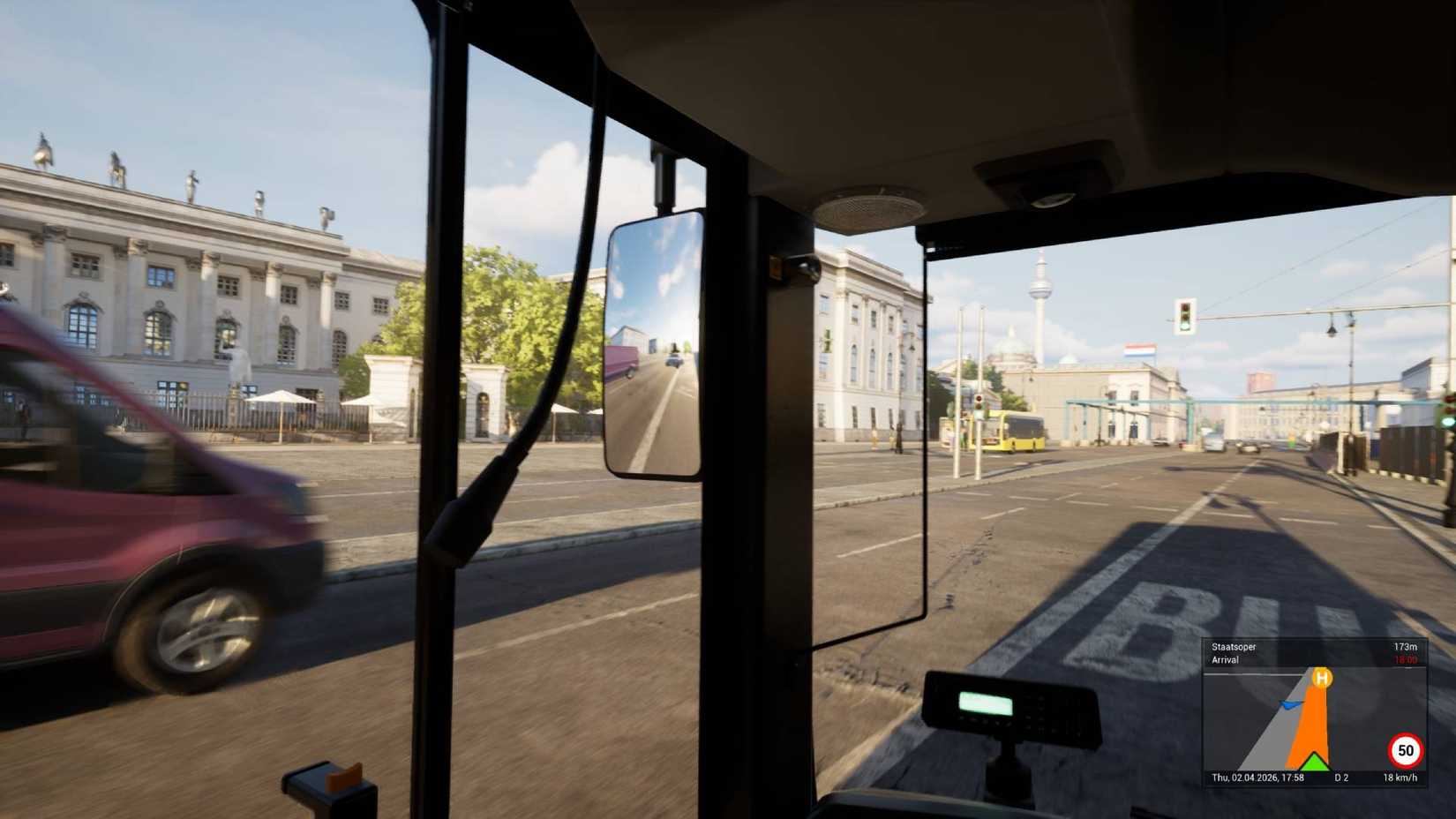 The player behind the wheel of a bus in The Bus during the day.