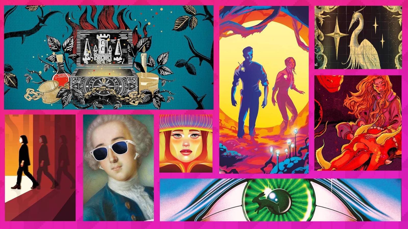 A montage of imagery from the year's most anticipated speculative fiction covers, featuring abstract motifs and character silhouettes.