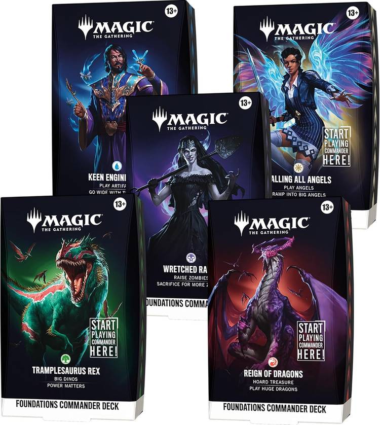 Five Commander decks on a white background.