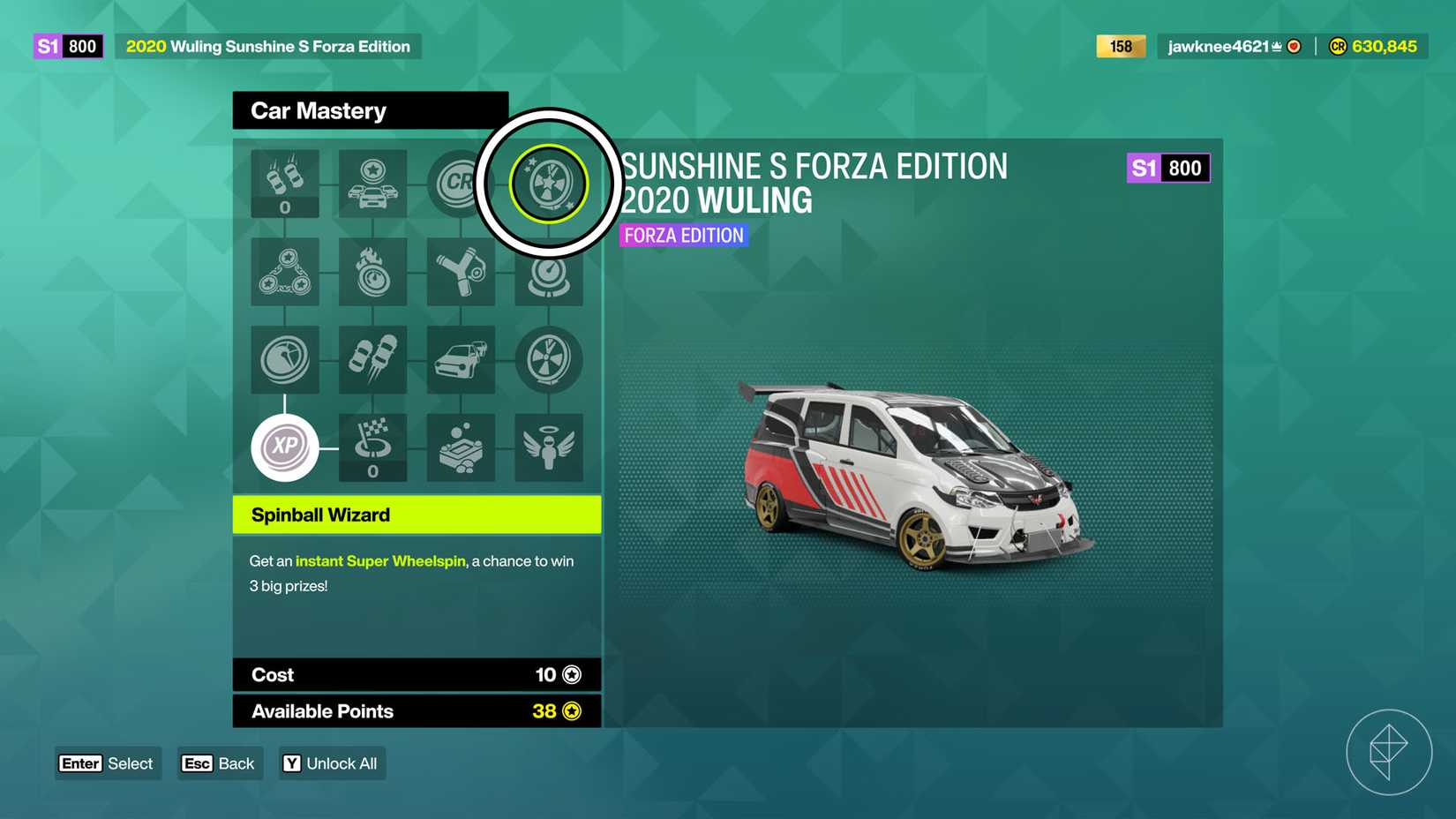 The car mastery menu from Forza Horizon 6 with the Spinball Wizard perk circled.