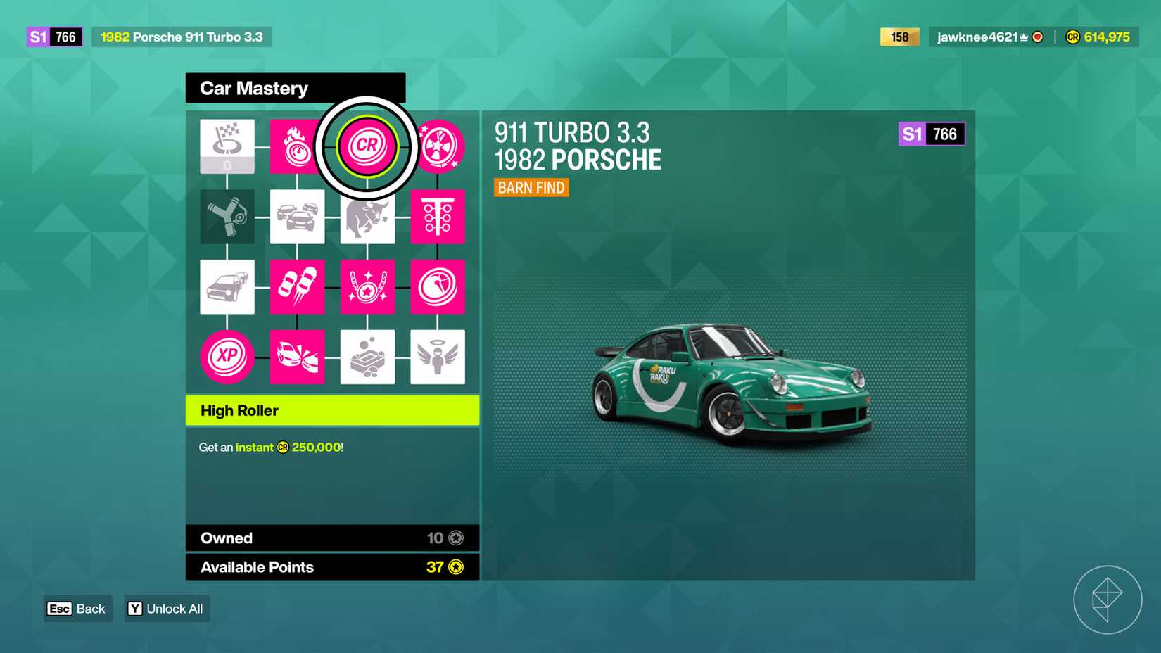 The Car Mastery menu for the 1982 Porsche 911 Turbo 3.3 with the High Roller perk circled.