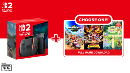 A graphic showing a Switch 2 with a choice of Mario Kart World, Donkey Kong Bananza, or Pokemon Pokopia