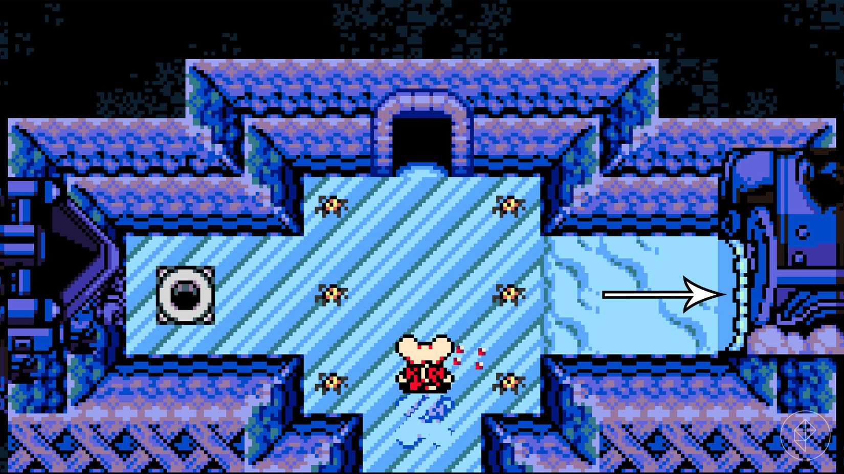 Mina the Hollower standing in an icy cave with an arrow pointing toward a hole in the wall.