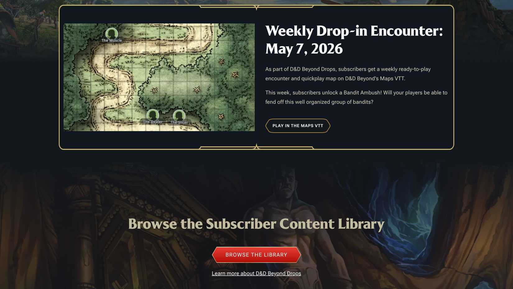 D&D Beyond's weekly drop-in encounter is a bandit ambush, with tokens hidden around a road.