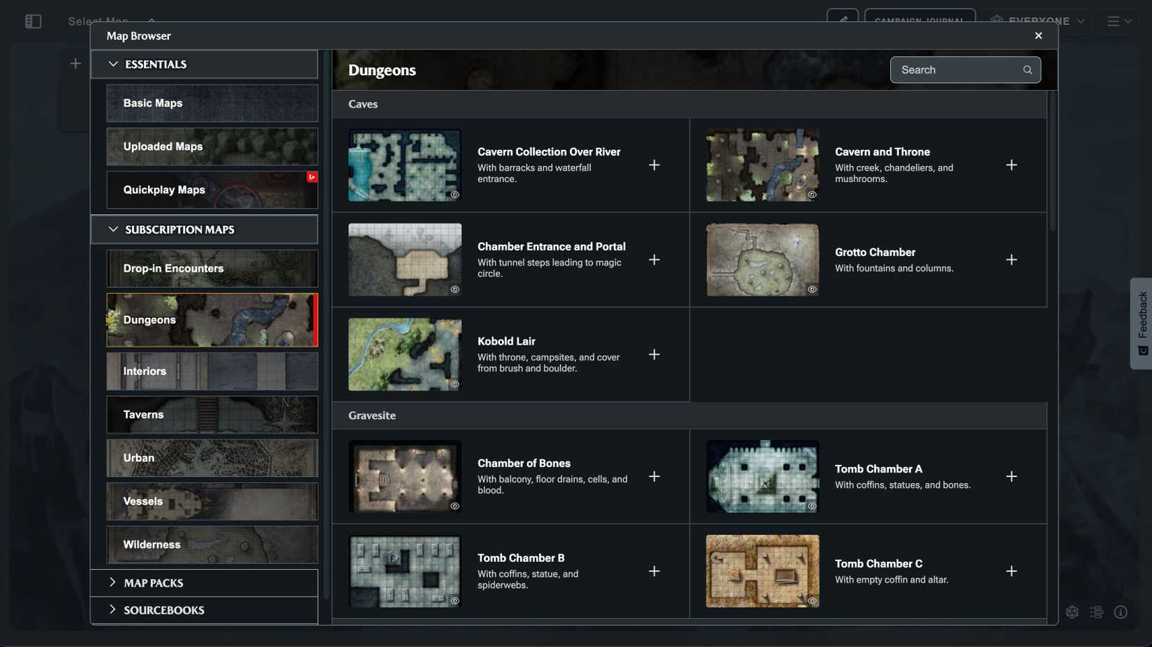 A menu for the new D&D Beyond Subscription Maps shows options for a kobold lair, tomb chamber, and caverns.