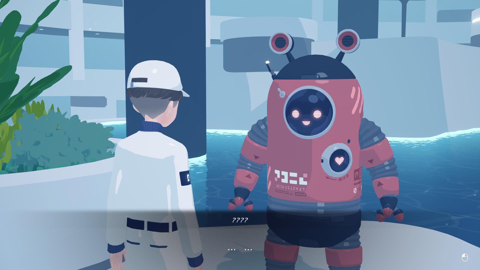A character engages with a robot in D-Topia.