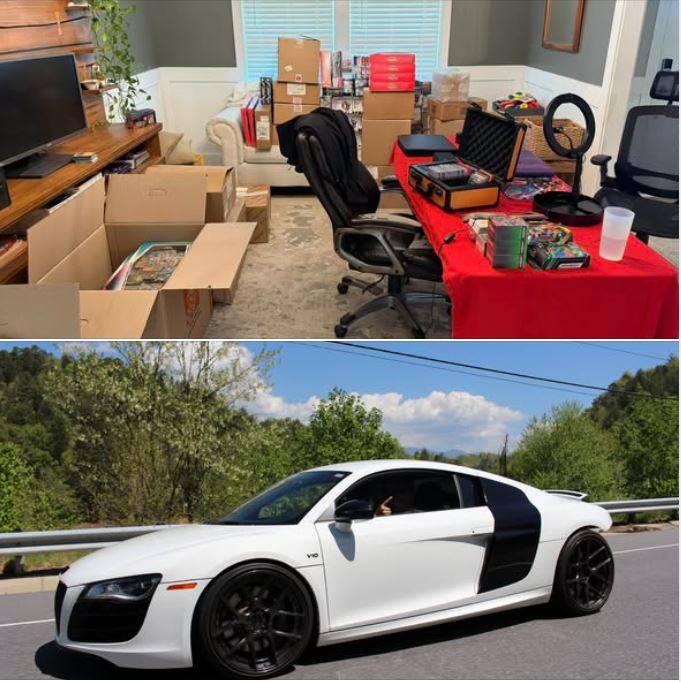 A picture of a white Audi supercar worth six figures, that was recently traded for a large Pokemon card collection of singles and sealed boxes.