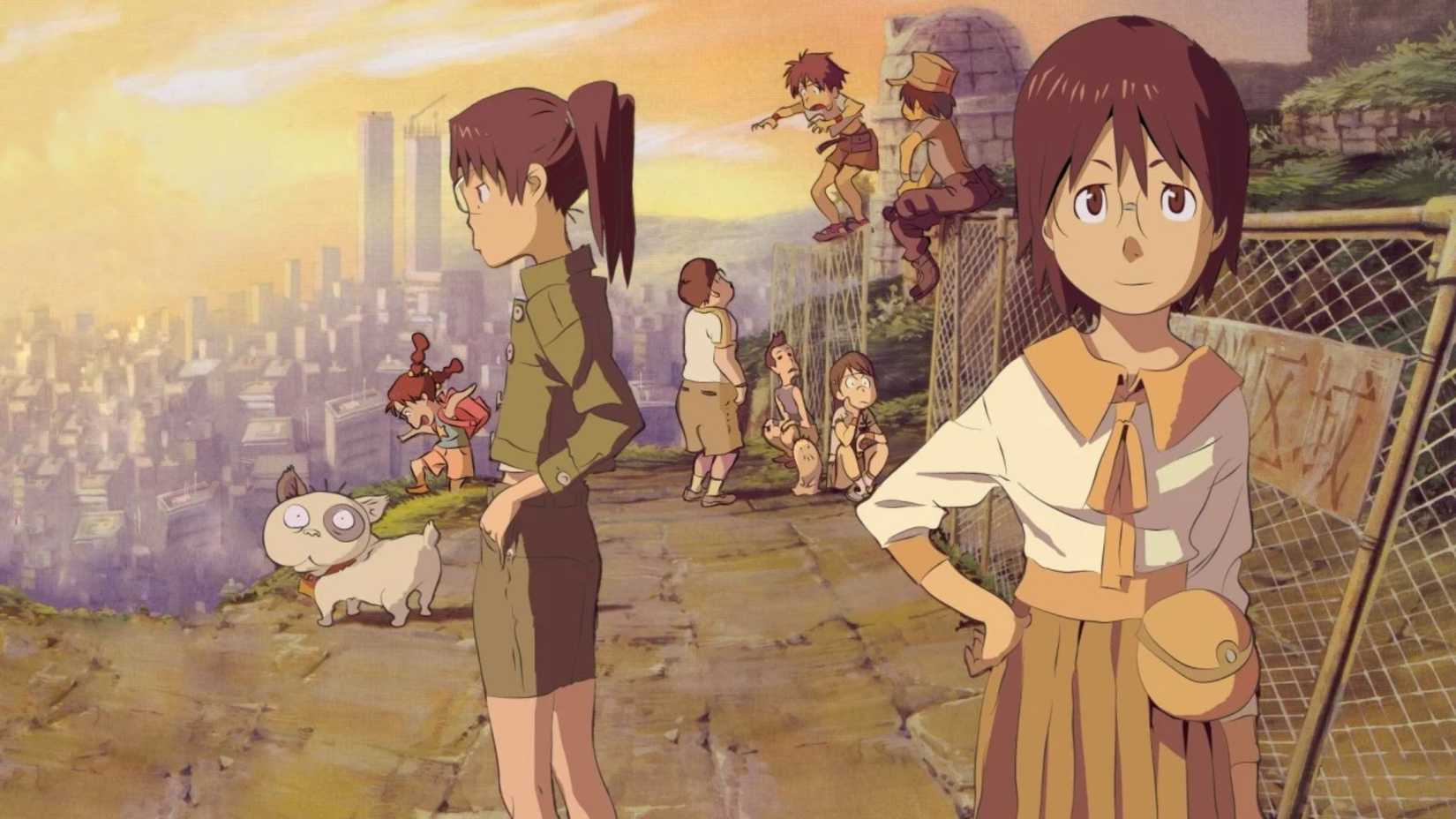 Shot from Den-noh Coil featuring the full cast, with Yasako and Isako front and center. 