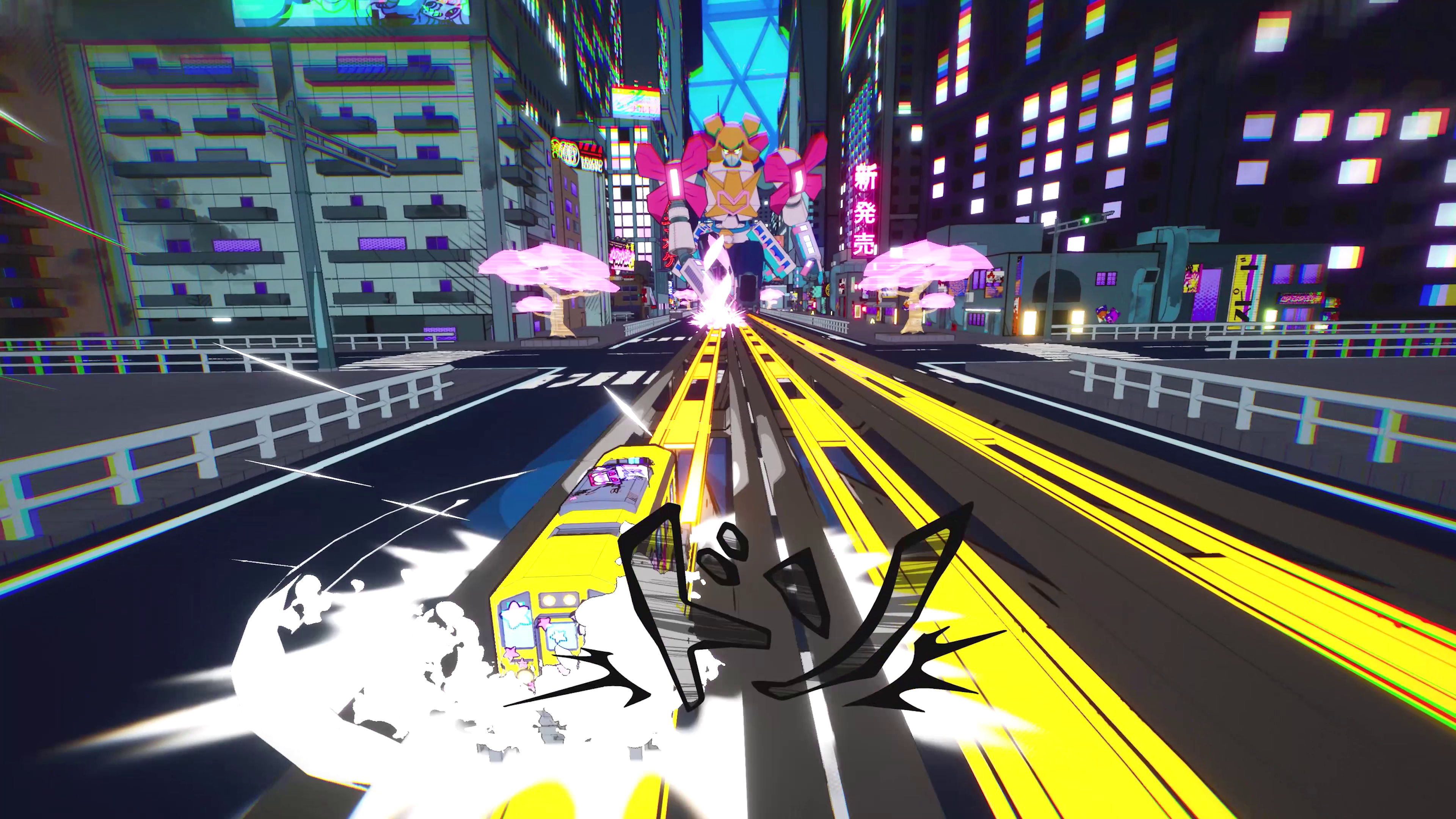 A Denshattack operator racing toward a massive, surreal landmark