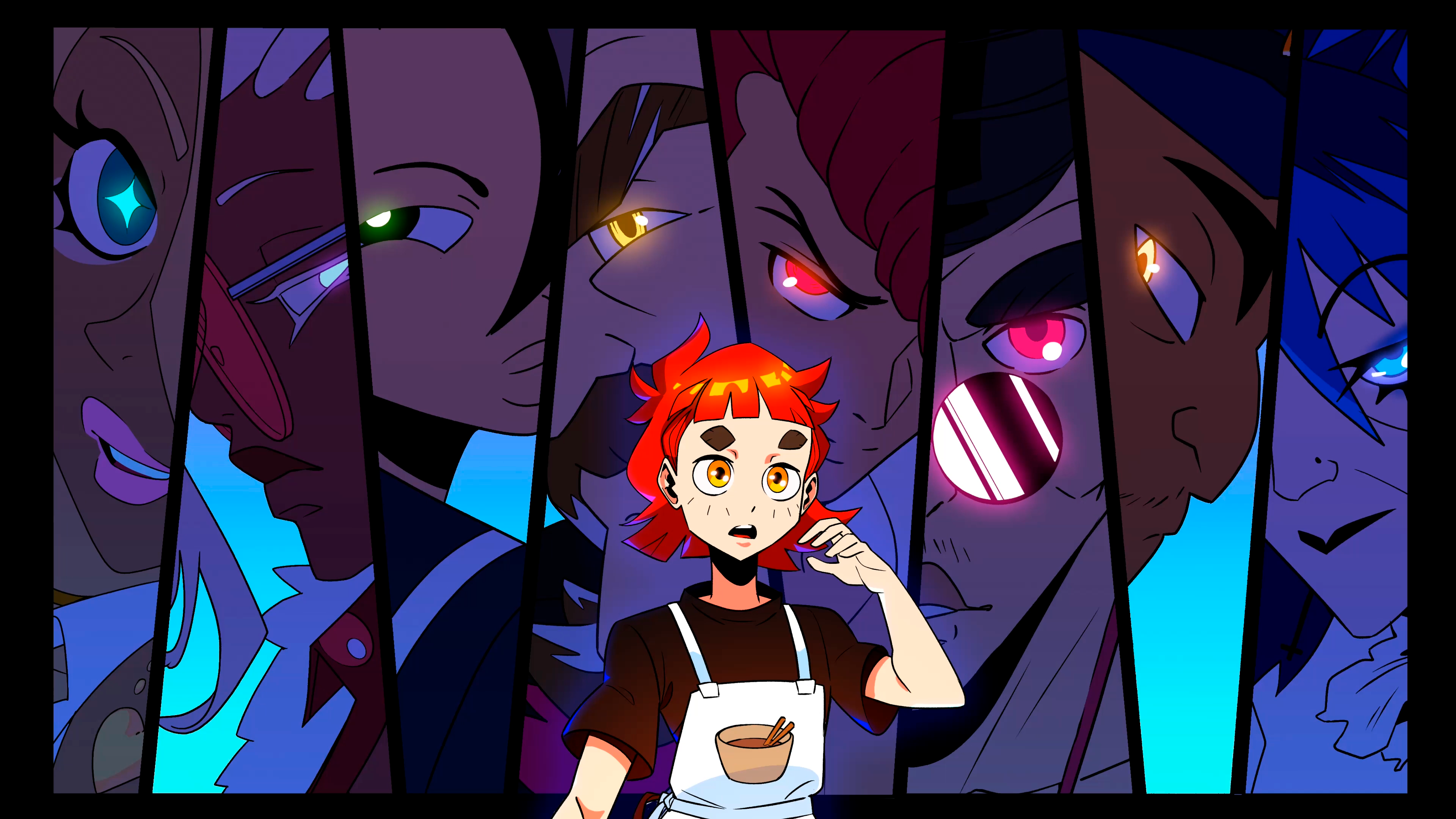 A squad of Denshattackers in a stylized anime-inspired scene