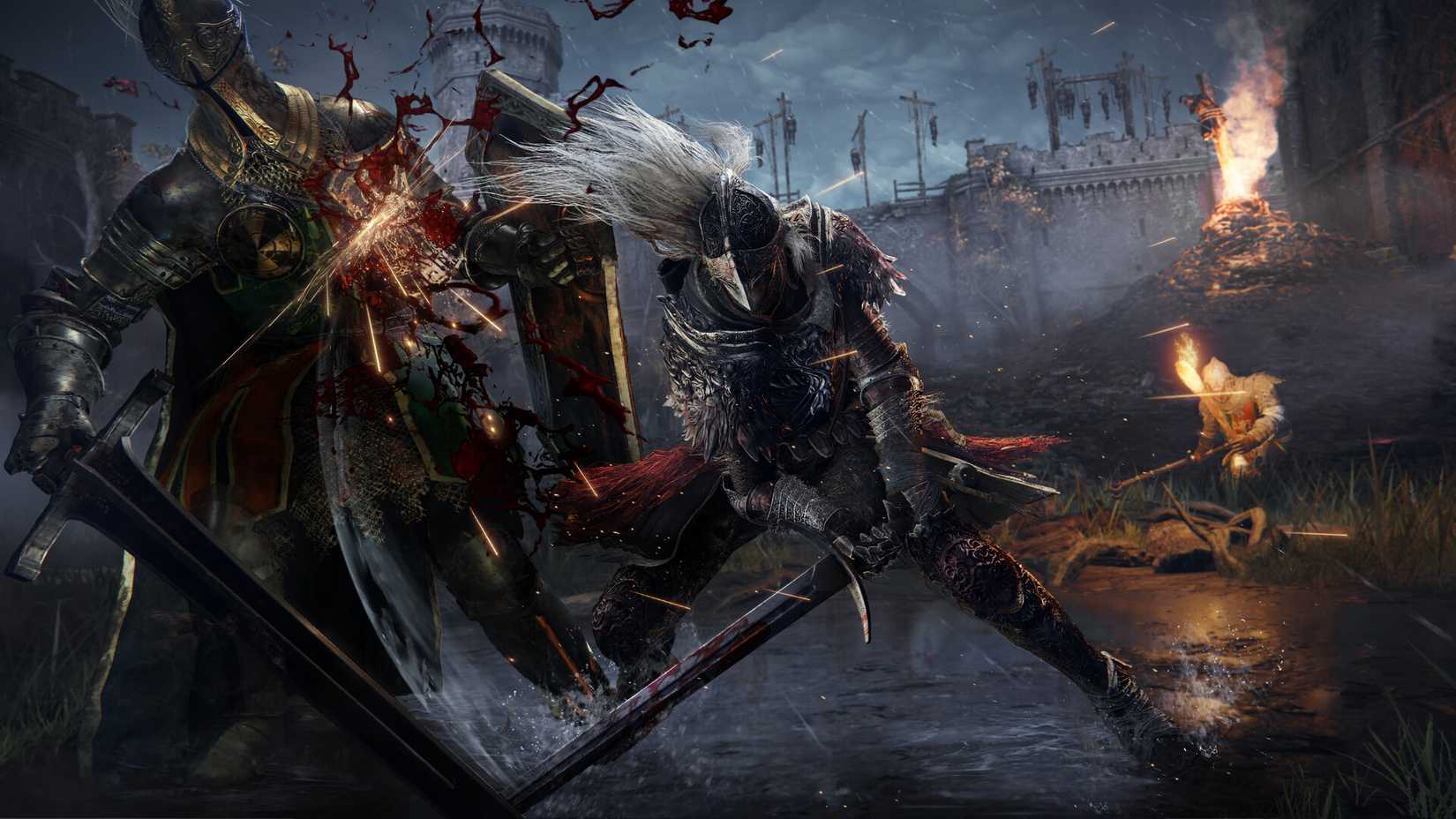 Elden Ring Steam screen showing a character slicing at an enemy using a great sword