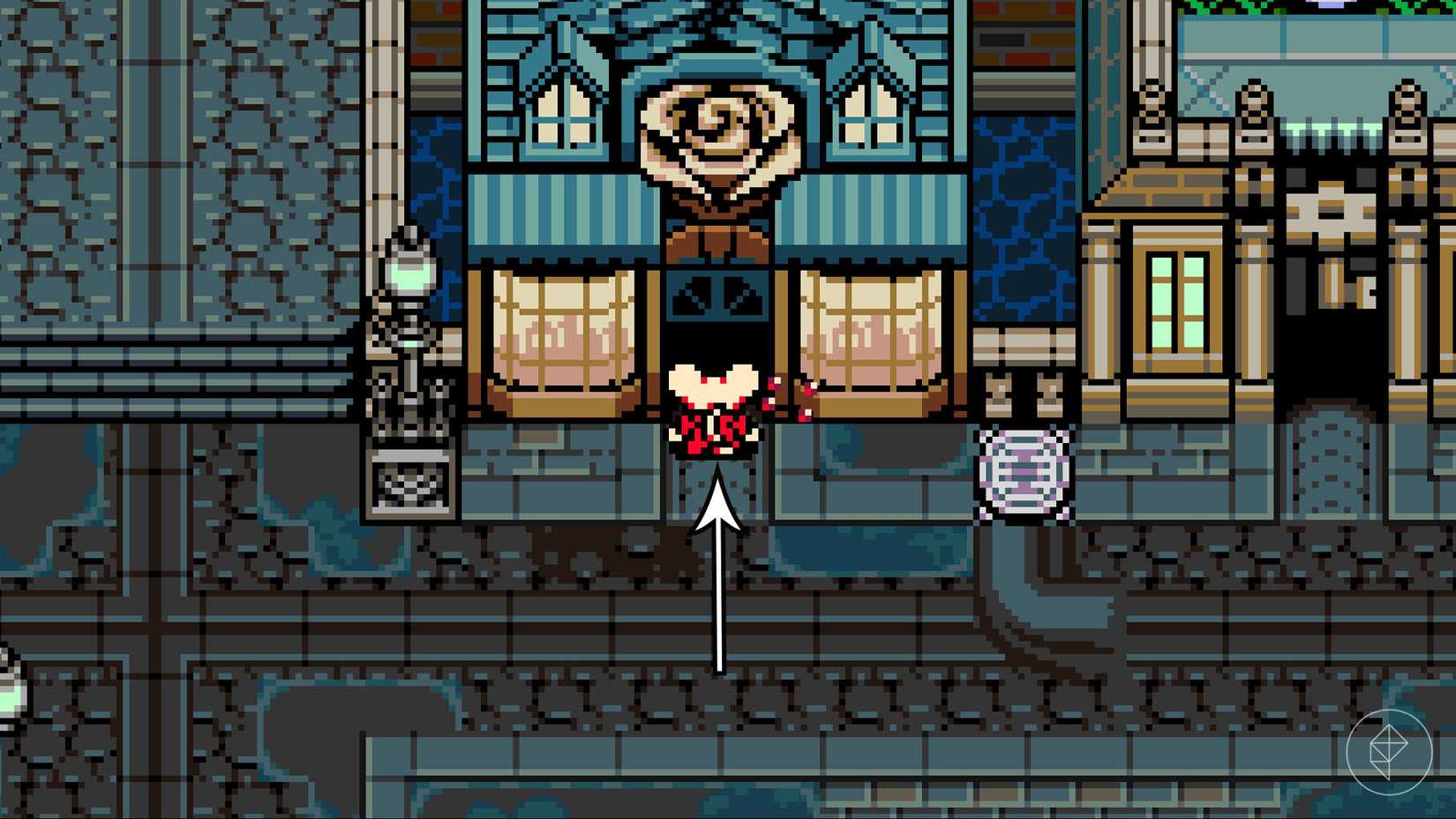 Mina the Hollower walking into the Emporium, a building with a rose on it, in Ossex.