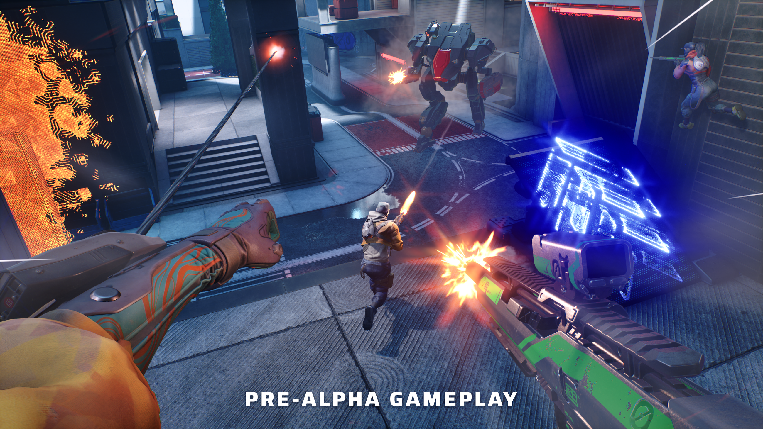 A player utilizing a grapple hook for mobility in Empulse.