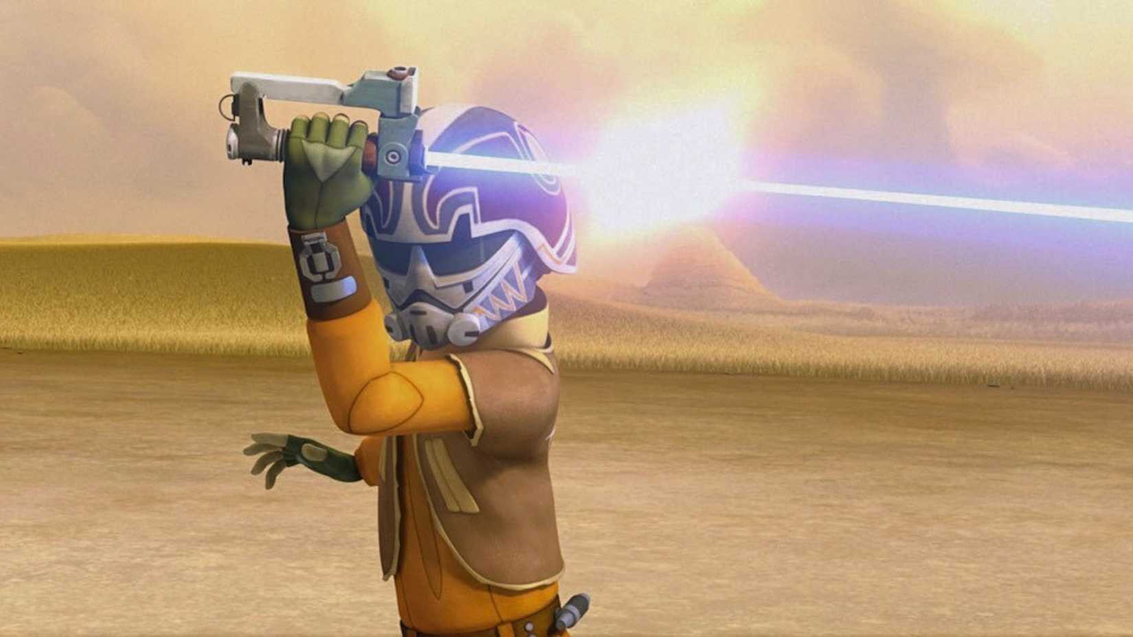  Rebels featuring Ezra Bridger, clothed in orange and brown, wielding his gunsaber lightsaber.