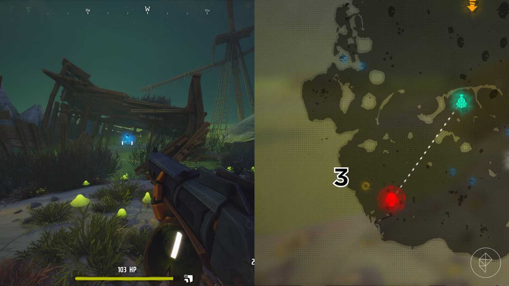 The right-hand side of the image shows the location of the numbered grave on the Area 41 map in Far Far West while the left-hand side shows the player standing in front of that grave in-game.