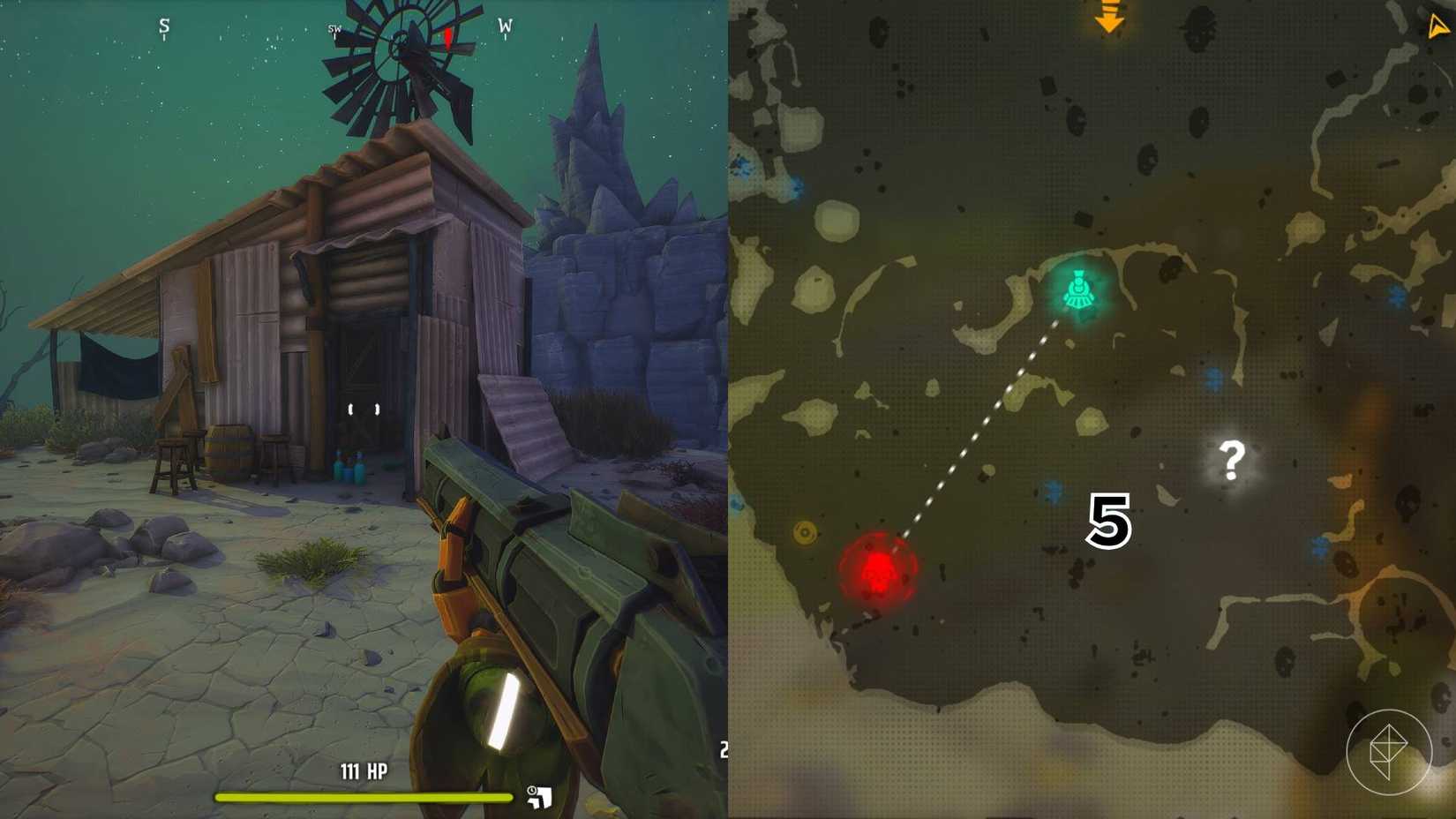 The right-hand side of the image shows the location of the numbered grave on the Area 41 map in Far Far West while the left-hand side shows the player standing in front of that grave in-game.