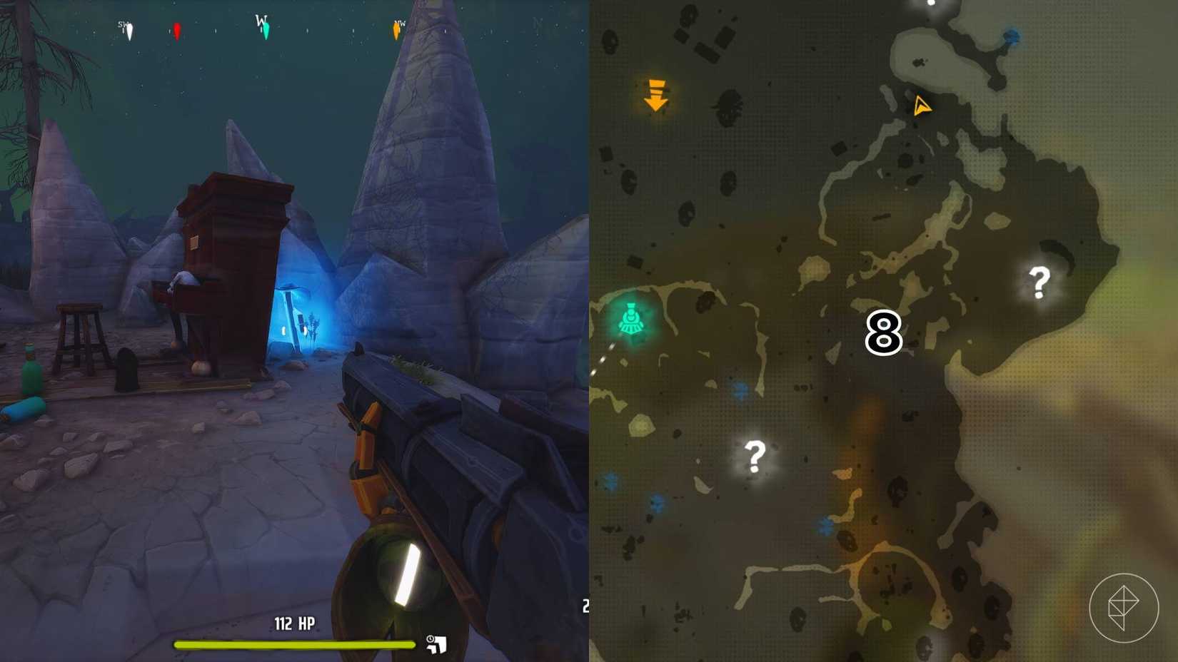 The right-hand side of the image shows the location of the numbered grave on the Area 41 map in Far Far West while the left-hand side shows the player standing in front of that grave in-game.