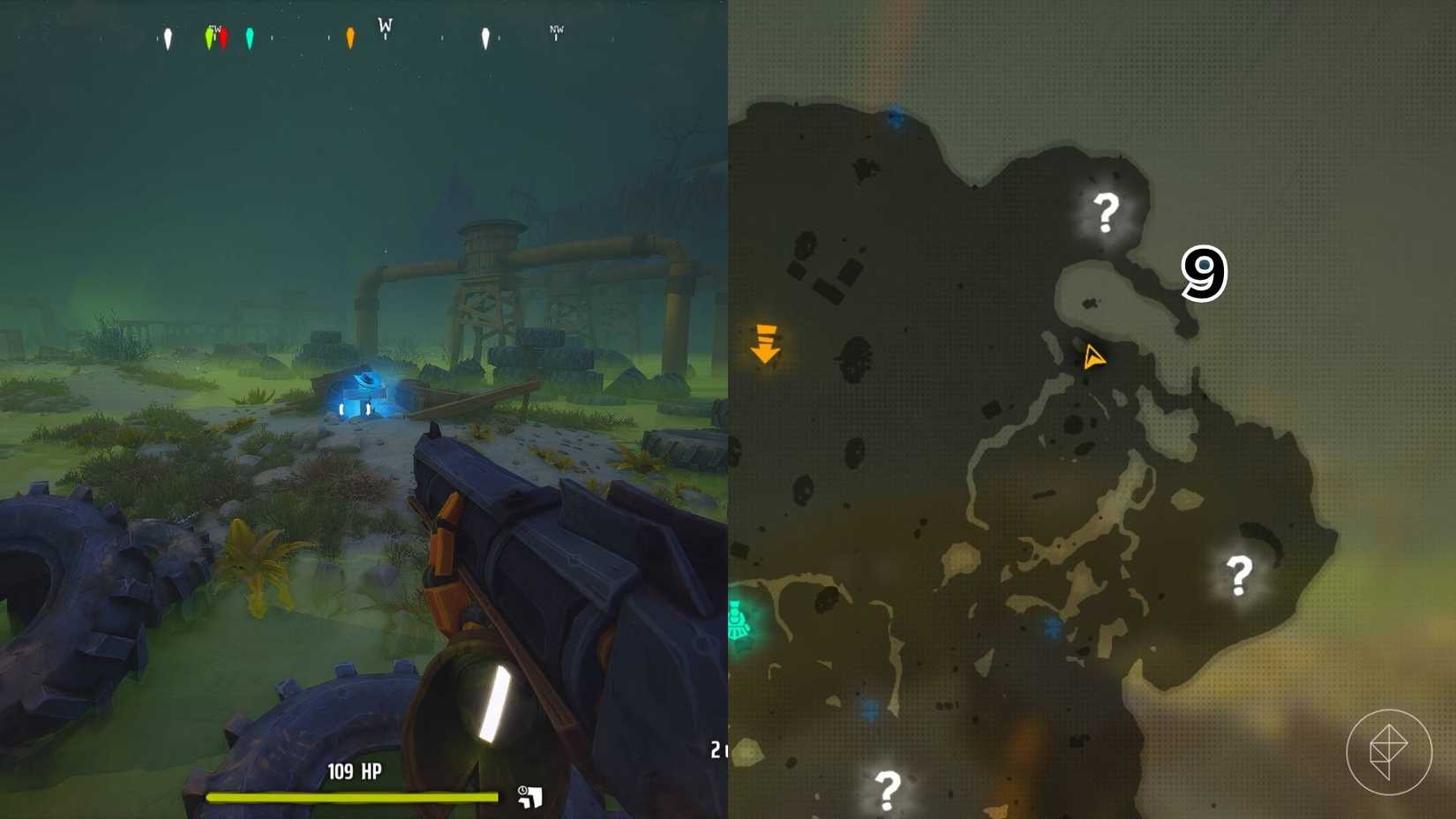 The right-hand side of the image shows the location of the numbered grave on the Area 41 map in Far Far West while the left-hand side shows the player standing in front of that grave in-game.