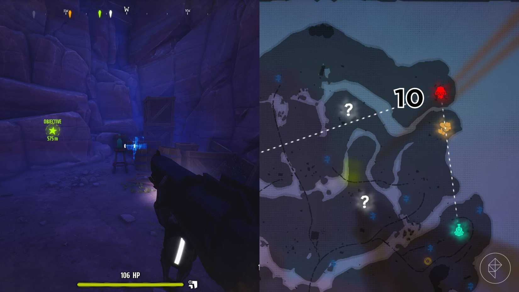 Die rechte Seite des Bildes zeigt die Position des Grabes, die auf der Canyon-Karte im Spiel in Far Far West markiert ist, während die linke Seite den Spieler im Spiel zeigt, wie er vor dem Grab steht.