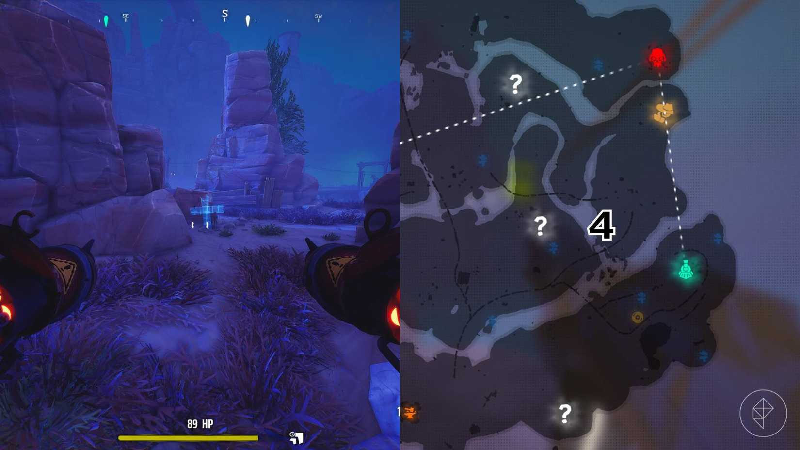 Die rechte Seite des Bildes zeigt die Position des Grabes, die auf der Canyon-Karte im Spiel in Far Far West markiert ist, während die linke Seite den Spieler im Spiel zeigt, wie er vor dem Grab steht.