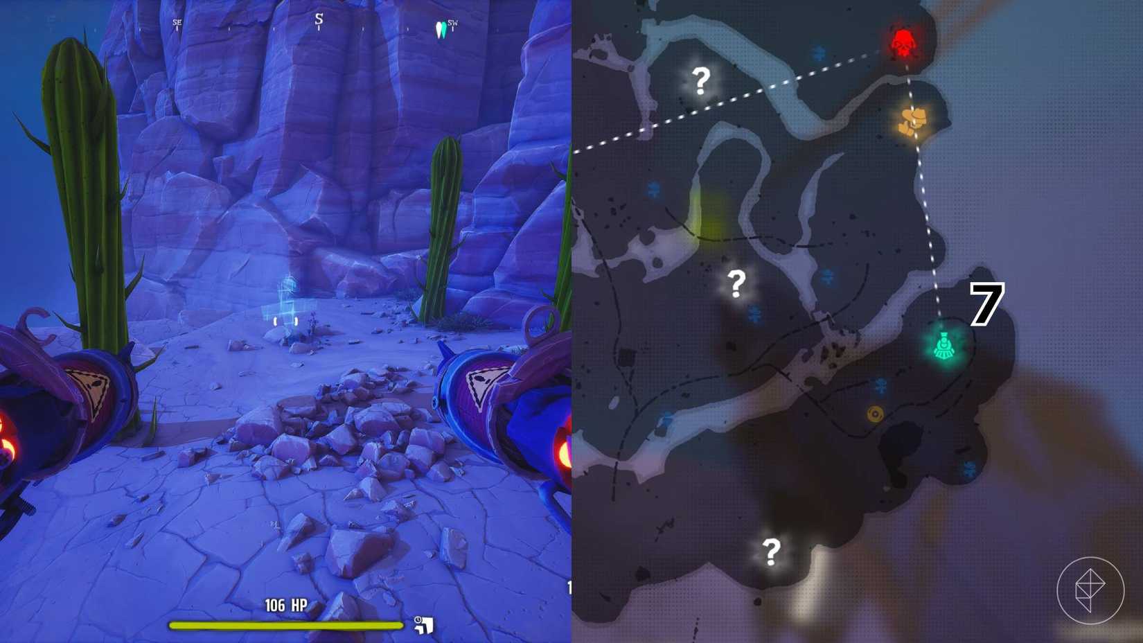 Die rechte Seite des Bildes zeigt die Position des Grabes, die auf der Canyon-Karte im Spiel in Far Far West markiert ist, während die linke Seite den Spieler im Spiel zeigt, wie er vor dem Grab steht.