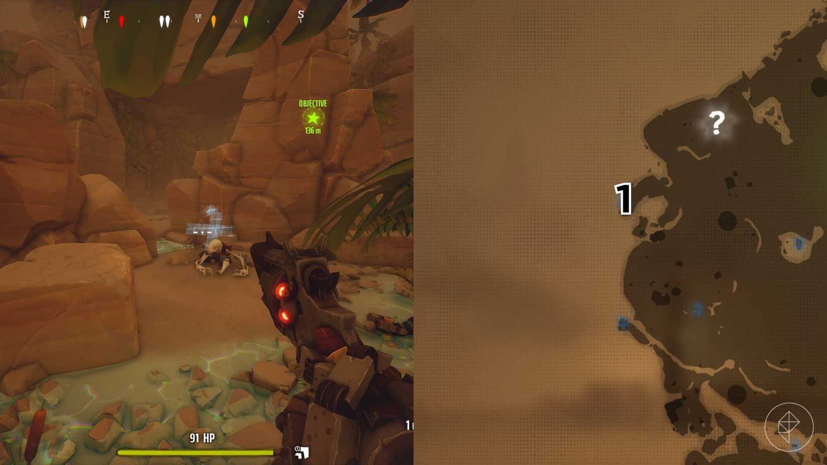 The right-hand side of the image shows the location of the grave on the Desert map in Far Far West with the respective number overlaid on its location while the left-hand side of the image shows the player in-game standing next to the grave.