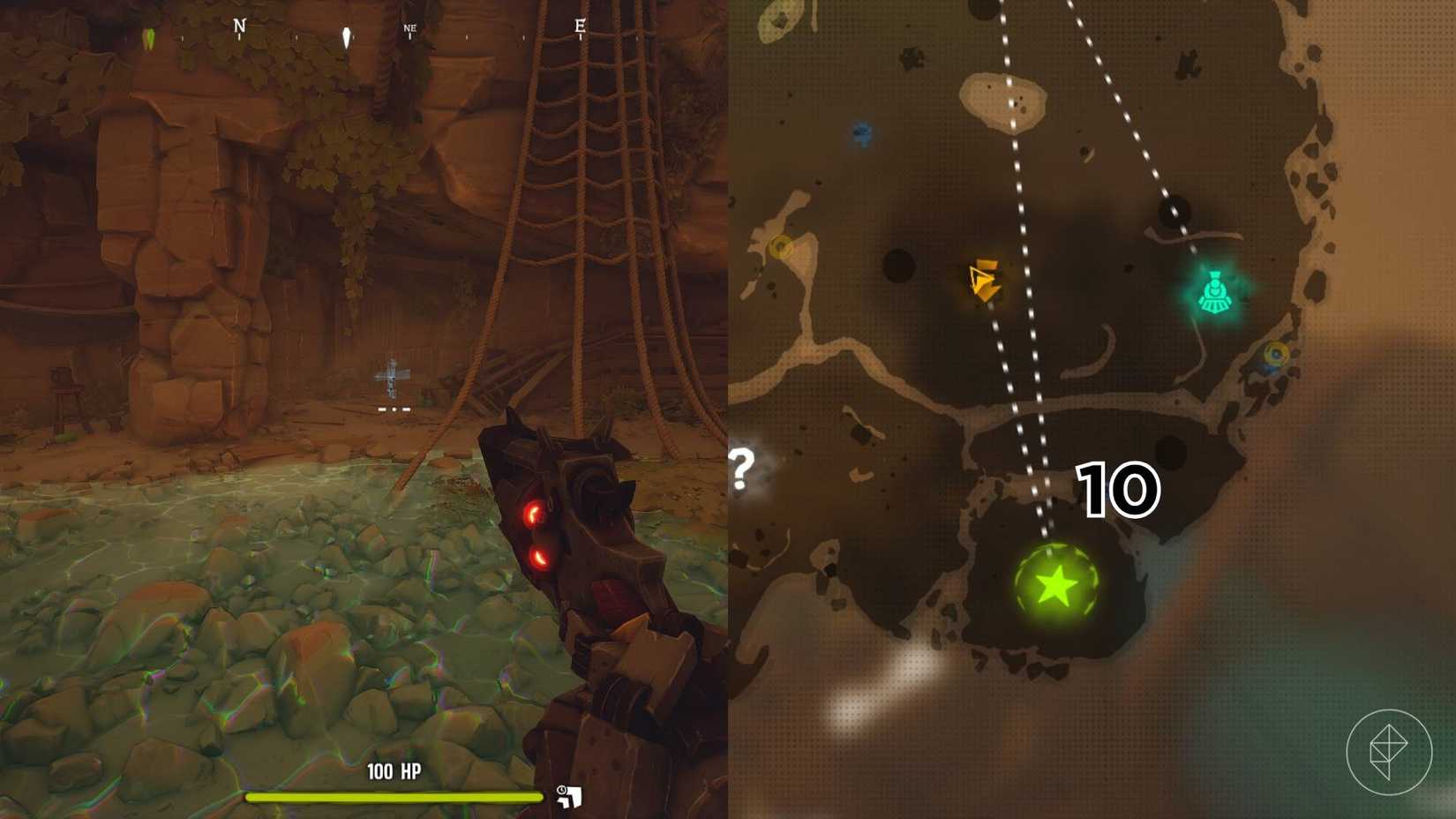 The right-hand side of the image shows the location of the grave on the Desert map in Far Far West with the respective number overlaid on its location while the left-hand side of the image shows the player in-game standing next to the grave.