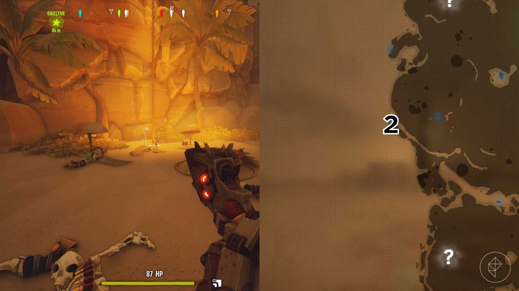 The right-hand side of the image shows the location of the grave on the Desert map in Far Far West with the respective number overlaid on its location while the left-hand side of the image shows the player in-game standing next to the grave.