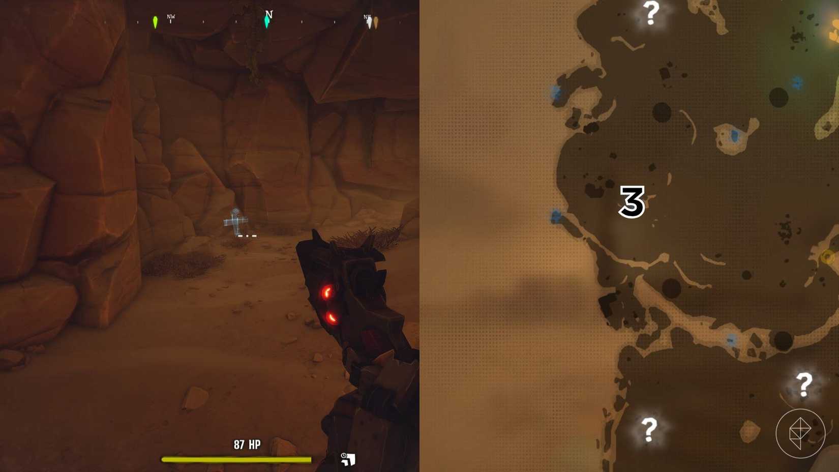The right-hand side of the image shows the location of the grave on the Desert map in Far Far West with the respective number overlaid on its location while the left-hand side of the image shows the player in-game standing next to the grave.