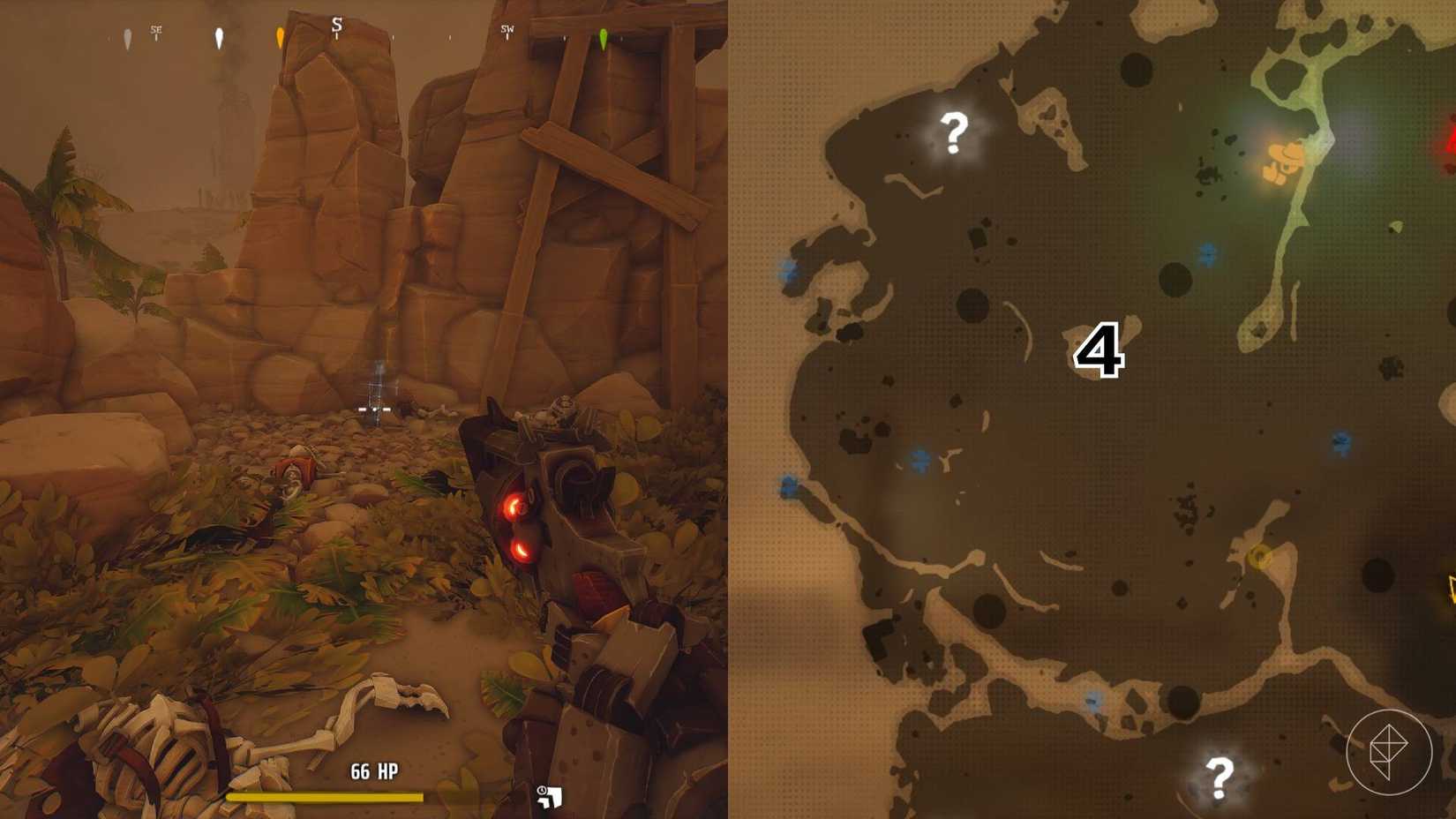 The right-hand side of the image shows the location of the grave on the Desert map in Far Far West with the respective number overlaid on its location while the left-hand side of the image shows the player in-game standing next to the grave.