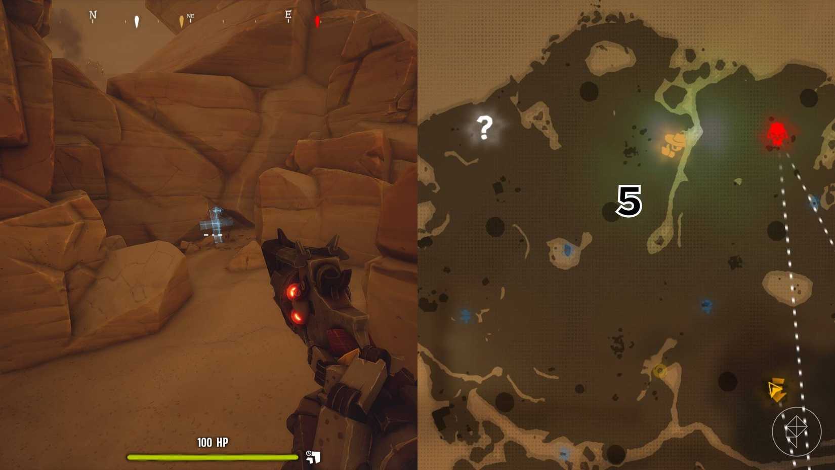The right-hand side of the image shows the location of the grave on the Desert map in Far Far West with the respective number overlaid on its location while the left-hand side of the image shows the player in-game standing next to the grave.