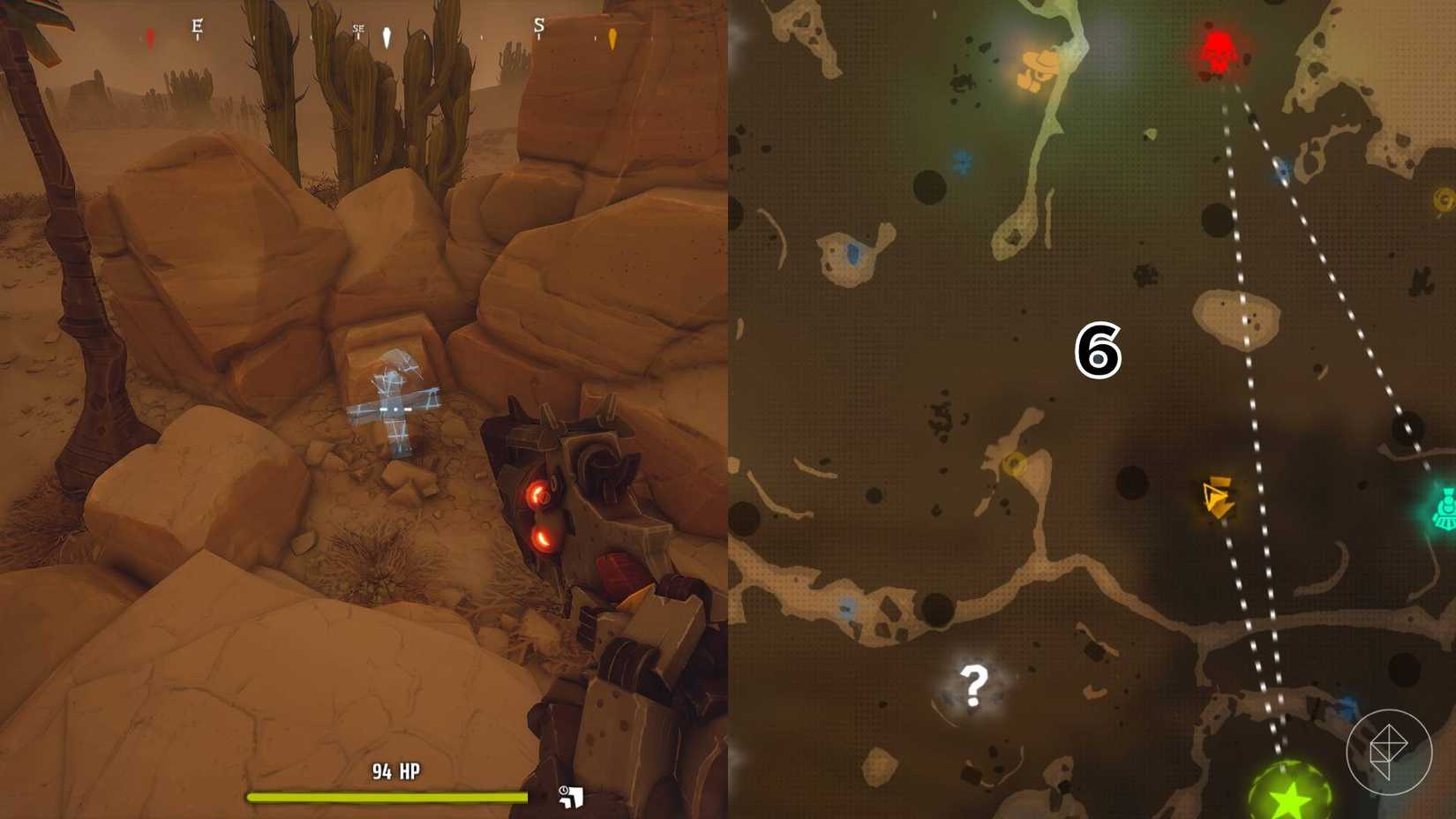 The right-hand side of the image shows the location of the grave on the Desert map in Far Far West with the respective number overlaid on its location while the left-hand side of the image shows the player in-game standing next to the grave.