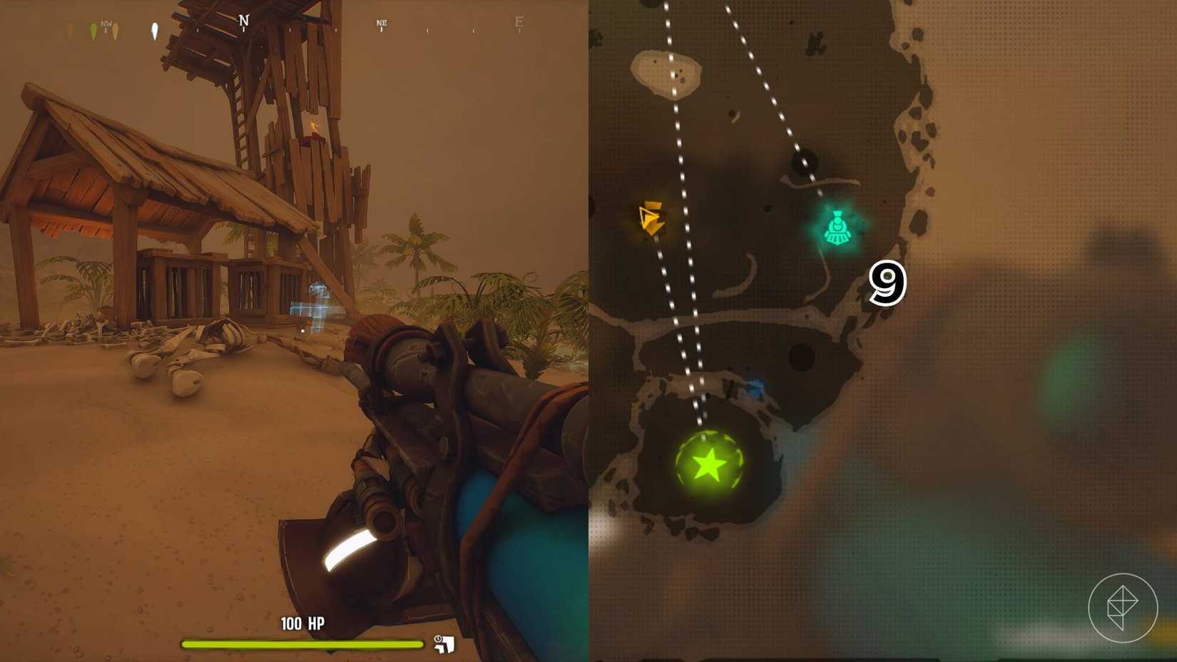 The right-hand side of the image shows the location of the grave on the Desert map in Far Far West with the respective number overlaid on its location while the left-hand side of the image shows the player in-game standing next to the grave.